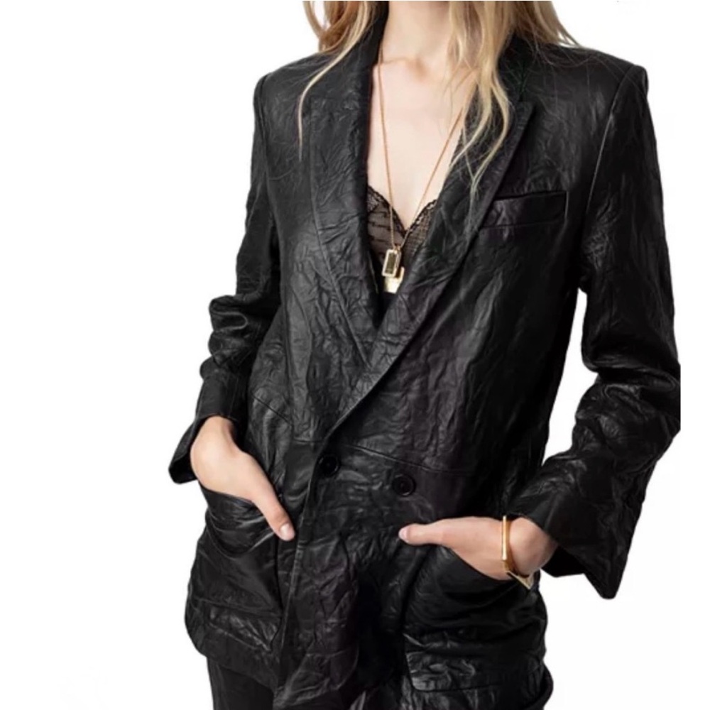 Zadig & Voltaire's Visko Cuir Froisse Black Crinkle Leather Pocketed Blazer 36